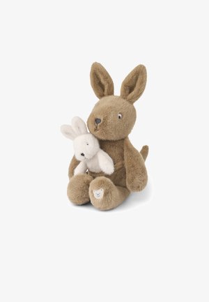 Gevulde konijn, bruin bont met zachte textuur, grote oren, zittende positie; houdt een kleiner wit konijn vast. Berenlogo op de voet.