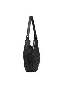Borsa a tracolla nera tessuta con una superficie testurizzata, dotata di una tracolla in pelle e chiusura con zip argentata. Forma curvata con una singola tracolla.