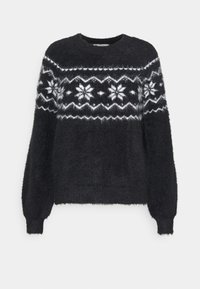 Zwarte fluffy trui met lange mouwen, ronde halslijn en een wit geometrisch sneeuwvlokpatroon over de borst en schouders. Zachte textuur.