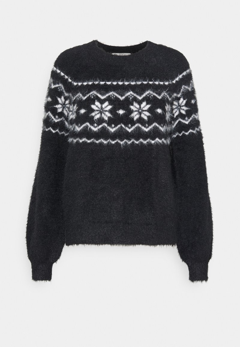 Zwarte fluffy trui met lange mouwen, ronde halslijn en een wit geometrisch sneeuwvlokpatroon over de borst en schouders. Zachte textuur.