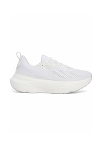 White athletic shoe featuring a breathable mesh upper, round toe, thick cushioned sole, and textured design elements on the sides.