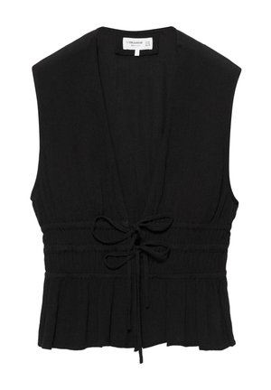 Blouse noire sans manches avec col en V profond, taille froncée avec deux nœuds noués et ourlet péplum légèrement évasé, posée à plat sur fond blanc.