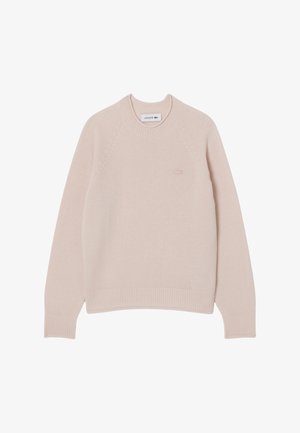 Helles rosa gestricktes Sweatshirt mit Rundhalsausschnitt, Raglanärmeln, gerippten Bündchen und Saum, mit einem kleinen, tonal gehaltenen Logo auf der Brust.