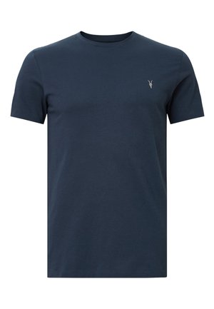 Navyblauwe katoenen T-shirt met korte mouwen, ronde hals en een klein, lichtgekleurde logo op de borst. Eenvoudig ontwerp in effen kleur.