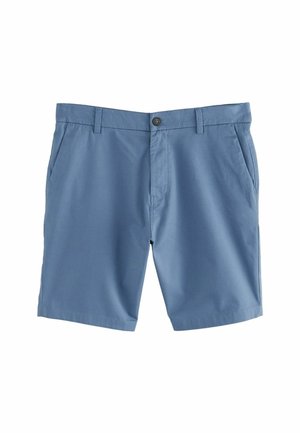 Hellblaue Shorts aus weichem Stoff, ausgestattet mit einem Knopfverschluss, Gürtelschlaufen und Seitentaschen. Glatte Textur mit tailliertem Schnitt.