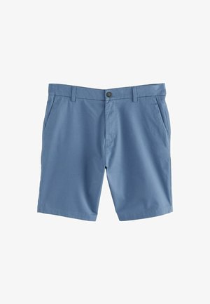 Hellblaue Shorts aus weichem Stoff, ausgestattet mit einem Knopfverschluss, Gürtelschlaufen und Seitentaschen. Glatte Textur mit tailliertem Schnitt.