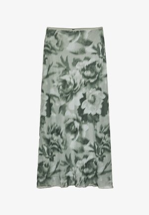 Gonna lunga con stampa floreale in toni di verde tenue, realizzata in un tessuto morbido e fluido. Presenta una vita larga e una silhouette a trapezio.