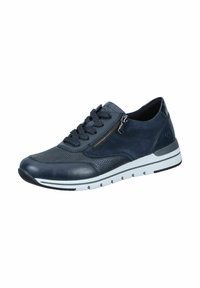 Sneaker blu navy con tomaia testurizzata, design con lacci e zip laterale. Presenta una suola bianca con motivi antiscivolo e dettagli lisci.