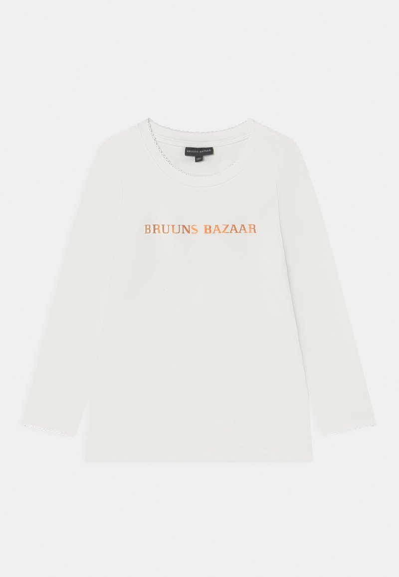 Camiseta de manga longa branca com a impressão "BRUUNS BAZAAR" em laranja. Textura suave, decote redondo e bordas em forma de concha nas mangas.