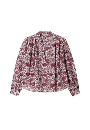 Blouse à manches longues avec épaules froncées, manches repassées, motif floral en bordeaux et bleu clair sur fond blanc.