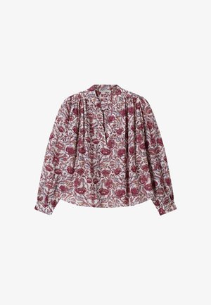 Blouse à manches longues avec épaules froncées, manches repassées, motif floral en bordeaux et bleu clair sur fond blanc.