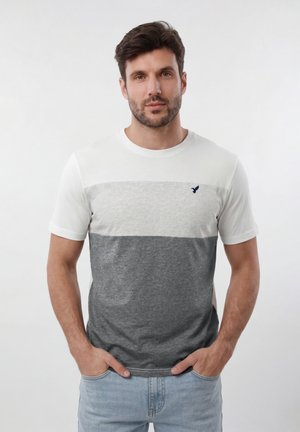 Rövid barna hajjal és szakállal rendelkező férfi, aki fehér, világosszürke és sötétszürke blokkszínes pólót visel, kis madár logóval.