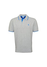 Polo gris à manches courtes, col et accents des manches bleus. Présente un logo brodé bleu sur la poitrine. Confectionné en tissu léger.