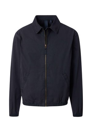 Navy bomber jacket with a zip front, pointed collar, elastic cuffs, and waist. Features side pockets and a smooth fabric texture.