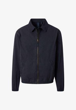 Navy bomber jacket with a zip front, pointed collar, elastic cuffs, and waist. Features side pockets and a smooth fabric texture.