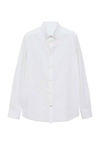 Camicia bianca a maniche lunghe in cotone. Presenta un colletto con bottoni, bottoni frontali e una linea dritta con orlo arrotondato.