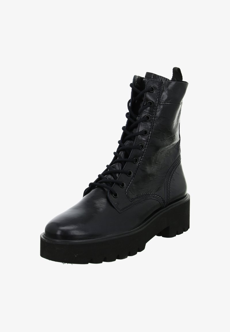 Bottine en cuir noir avec devant lacé, semelle noire épaisse, bout arrondi et finition texturée. Présente des accents de couture sur les côtés.