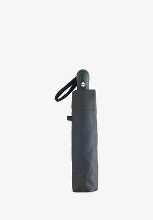 Compact black folding umbrella closed in a protective sleeve with a wrist strap and an automatic open/close button on the handle.