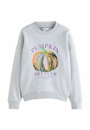 Ljust grå sweatshirt med en färgglad pumpa-illustration och lila text som står "PUMPKIN ART CLUB" med japanska tecken och "TOKYO JAPAN".