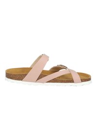 Light pink sandals with two crossed straps, cork footbed, and white rubber sole. Features a buckle detail on one strap.