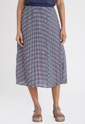 Midi-nederdel med mønster af lodrette striber i marineblå, rød og grøn, med elastik i taljen og letvægtsstof.