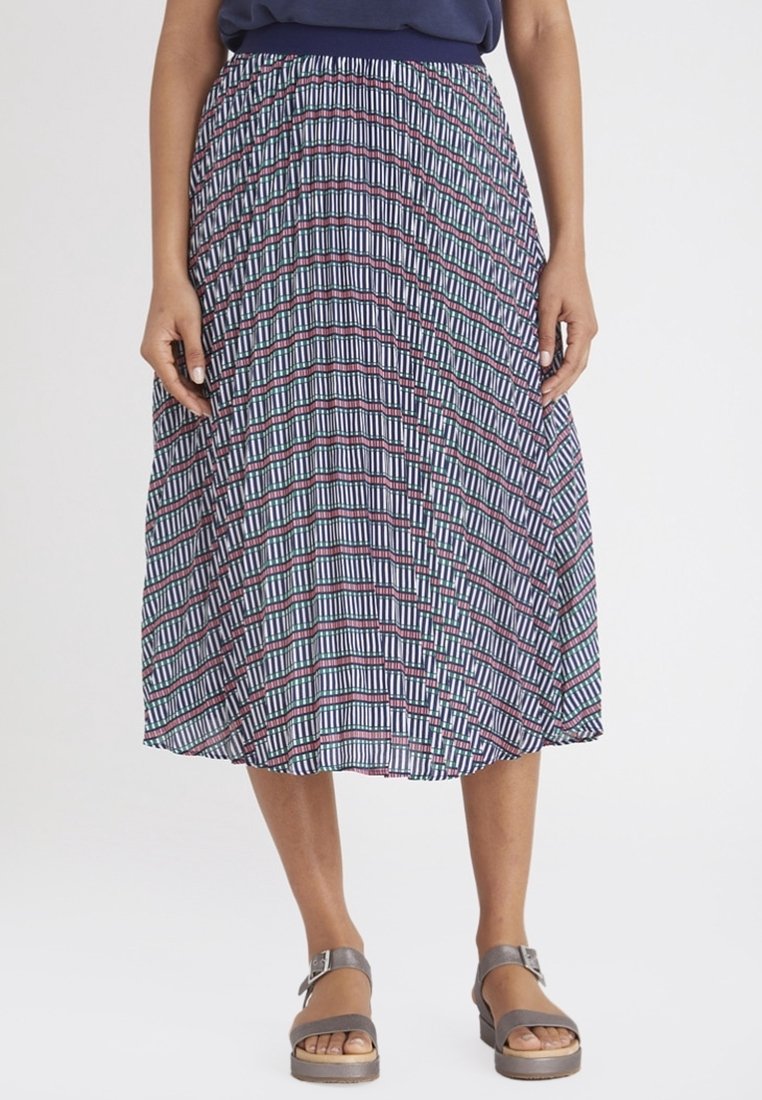 Midi-rok met een patroon van verticale strepen in marineblauw, rood en groen, met een elastische tailleband en lichtgewicht stof.