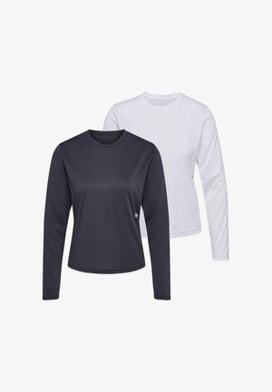 Zwei langärmelige Shirts mit Rundhalsausschnitt, eines schwarz und eines weiß, übereinander gelegt mit dem schwarzen Shirt vorne.