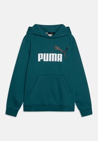 Sudadera con capucha de color azul verdoso, con un bolsillo tipo canguro, que presenta un gran logotipo blanco de "PUMA" y un gráfico de un gato negro en salto en el lado izquierdo.