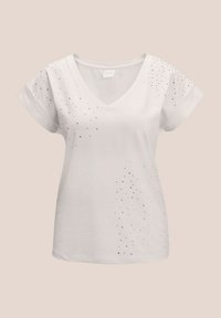 White V-neck T-shirt made from soft fabric, featuring scattered silver rhinestones across the left side and sleeves. Short sleeves and relaxed fit.