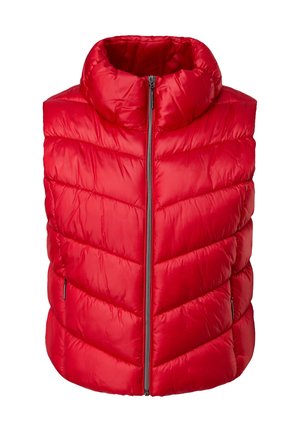 Rote, gepolsterte ärmellose Weste mit Frontreißverschluss und hohem Kragen, mit horizontalen und diagonalen Steppnähten.