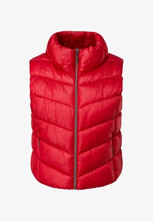Chaleco acolchado rojo sin mangas con cremallera frontal y cuello alto, con costuras acolchonadas horizontales y diagonales.