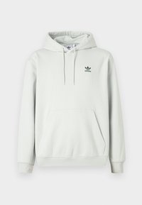 Világosszürke Adidas kapucnis pulóver elülső kenguruzsebbe, húzózsinórral ellátott kapucnival és kis fekete Adidas logóval a bal mellen.