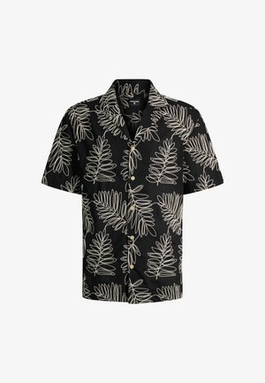 Zwart kortärmlig overhemd met knopen, met beige omrande varenbladeren en een klassieke kraag.