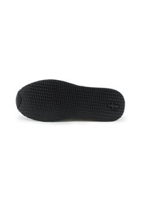 Black rubber shoe sole with textured surface, featuring a slight curvature. Includes a logo imprint on the bottom.