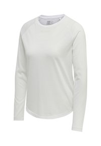 Wit dames sporttop met lange mouwen en ronde hals, subtiele textuur, licht gebogen zoom en ontspannen pasvorm.