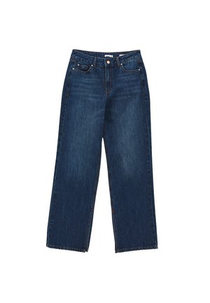 Dunkelblaue weit geschnittene Jeans aus Denim, mit einer hohen Taille, fünf Taschen sowie einem Knopf- und Reißverschluss. Subtile Farbvariationen im Stoff.