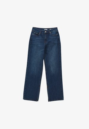 Dunkelblaue weit geschnittene Jeans aus Denim, mit einer hohen Taille, fünf Taschen sowie einem Knopf- und Reißverschluss. Subtile Farbvariationen im Stoff.