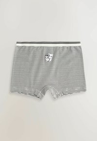 Csíkos fekete-fehér boxeralsó, puha textúrával, elől hímzett panda grafikával és fehér elasztikus derékpánttal.