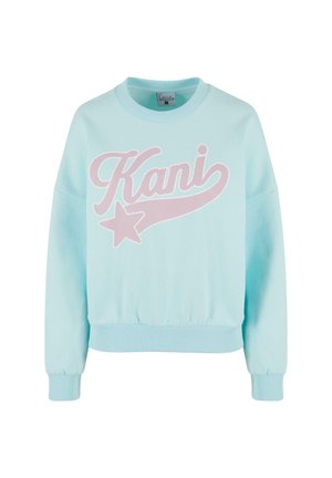 Light blue sweatshirt, cotton blend, crew neck, ribbed cuffs, featuring large pink "Kani" text and star graphic on the front.
