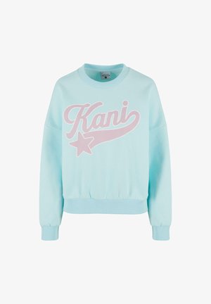 Fénykék pulóver, pamut keverékből készült, kerek nyakú, bordázott mandzsettákkal, elöl nagy rózsaszín "Kani" felirattal és csillag grafikával.