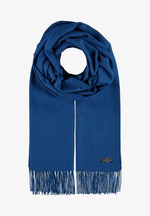 Niebieski szalik wykonany z miękkiego materiału, z frędzlami na brzegach, w okrągłym wzorze i z małą metką marki na jednym końcu.