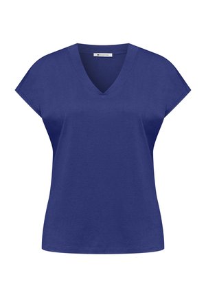 T-shirt bleu à manches courtes pour femme avec col en V, coupe décontractée, sans motifs ni logos visibles, à l'exception d'une petite étiquette au niveau du cou.