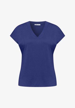 Blå T-shirt til kvinder med korte ærmer og V-hals, med en afslappet pasform og uden synlige mønstre eller logoer bortset fra en lille mærkat i nakken.