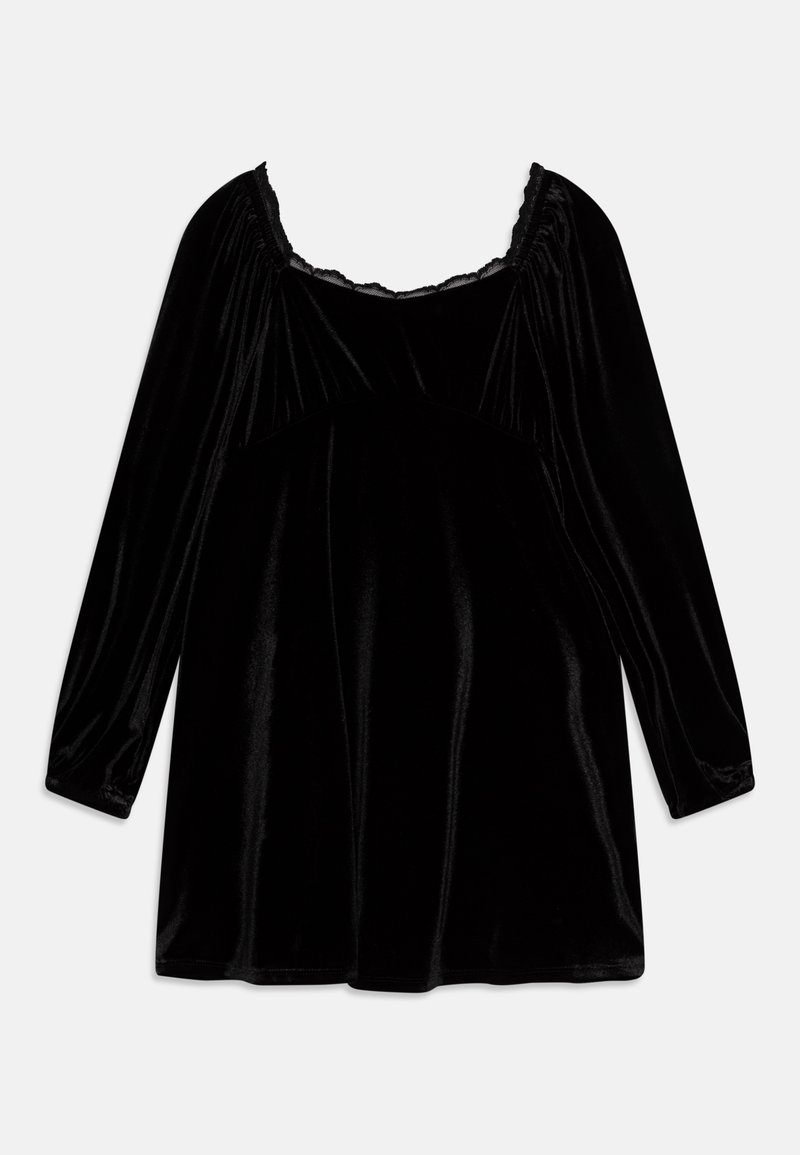 Abito nero in velluto con maniche lunghe, scollatura quadrata e bordo in pizzo. Tessuto morbido, silhouette fluida e dettagli arricciati sul busto.