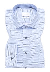 Helles blaues, tailliertes Hemd mit geometrischem Muster, Knopfleiste und Einzelmanschette. Hergestellt aus glattem, strukturiertem Stoff.