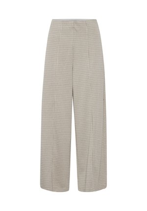Pantaloni a gamba larga in una tonalità di beige chiaro, caratterizzati da un piccolo motivo a scacchi, design a vita alta e una texture liscia con dettagli di pieghe.