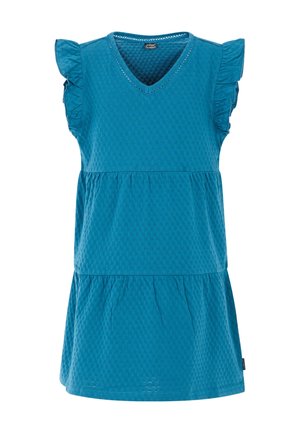 Vestito in tessuto blu con trama, maniche corte arricciate, scollo a V e gonna a balze, progettato per bambini.