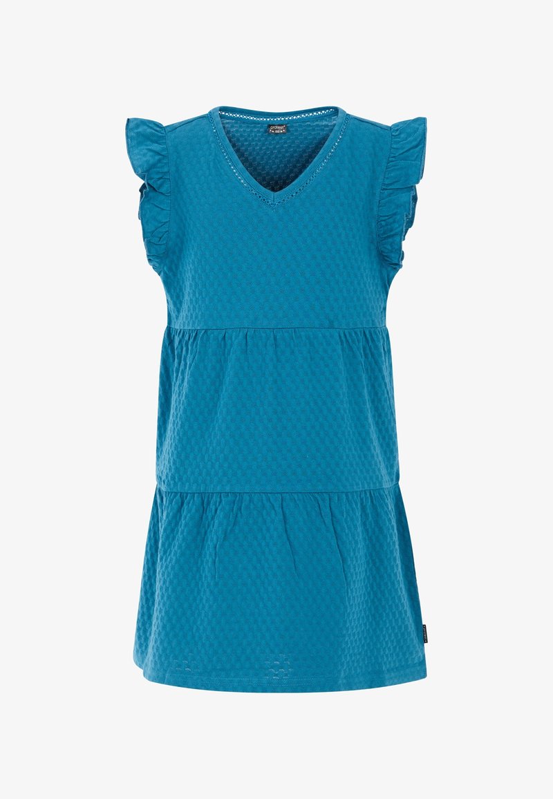 Robe en tissu bleu texturé avec manches courtes volantées, col en V et jupe à étages, conçue pour les enfants.