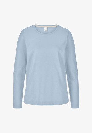 Hellblaues Langarmshirt mit Rundhalsausschnitt, einfachem, glattem Stoff und geradem Saum, dargestellt auf weißem Hintergrund.