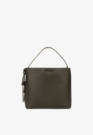 Dark brown leather handbag with a single top handle, side buckle detail, and subtle embossed "bugatti" logo on front.